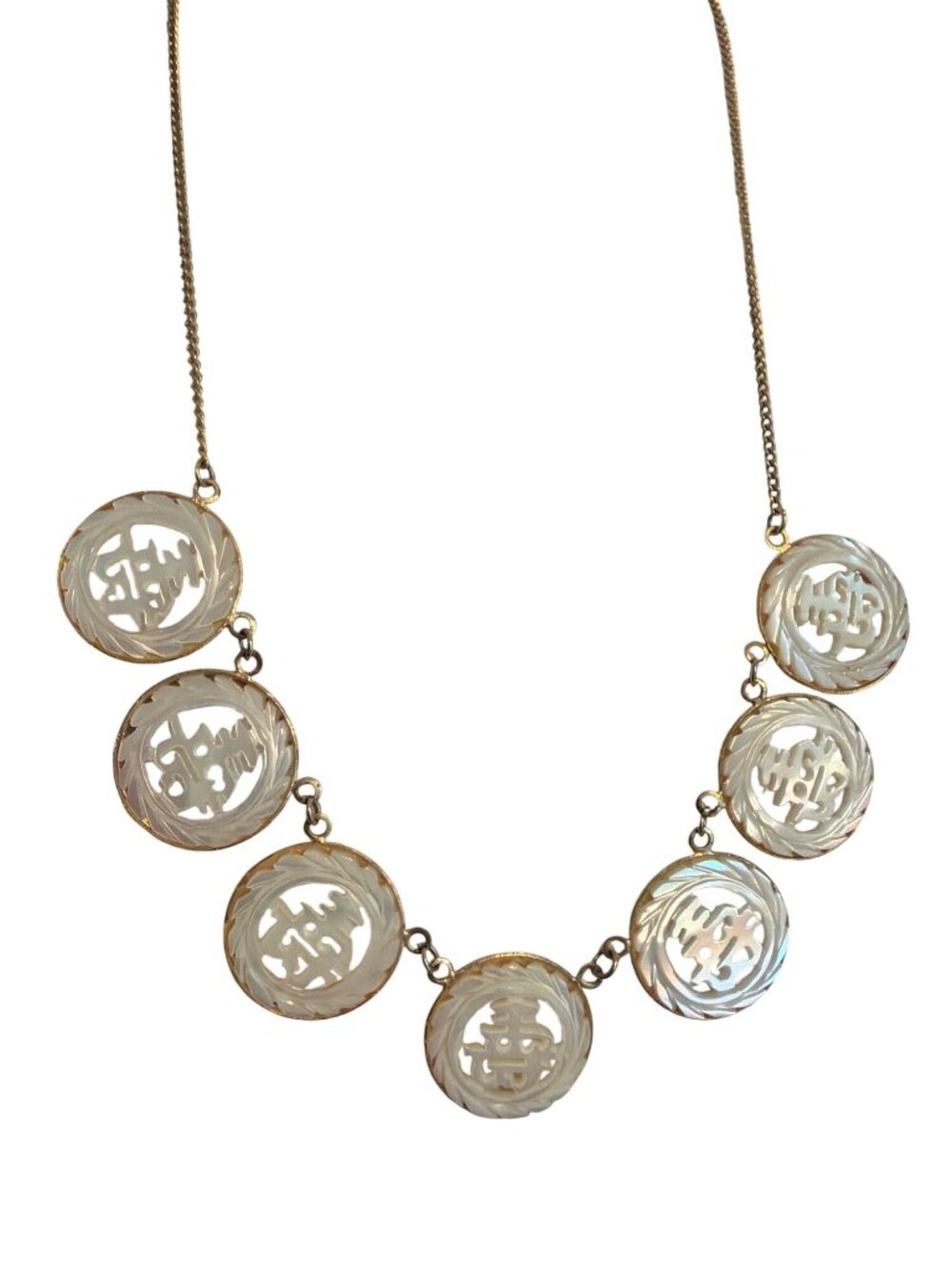 Vintage Gold Plated Mother Of Pearl Medallions Necklace Carved Medallions 18"